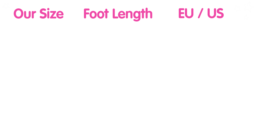 Size guide for Dotty Fish rubber sole shoes.