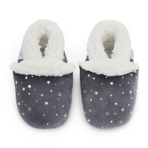 Dark grey suede Dotty Fish baby and children’s soft sole slippers with silver stars and fleece lining.