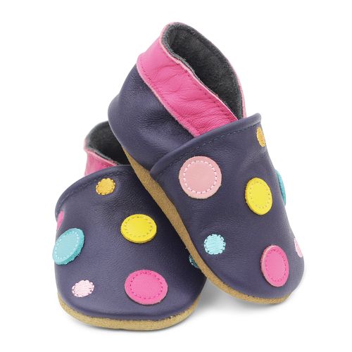 Dotty Fish navy leather soft sole infant girl’s barefoot shoes with pink ankle trim and multicoloured.