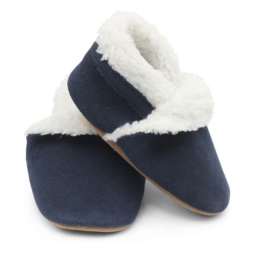 Navy suede Dotty Fish baby and toddler first walker soft sole slippers with fleece lining.