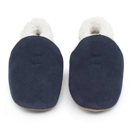 Navy blue suede Dotty Fish pre-walker soft sole slippers with warm fleece lining.