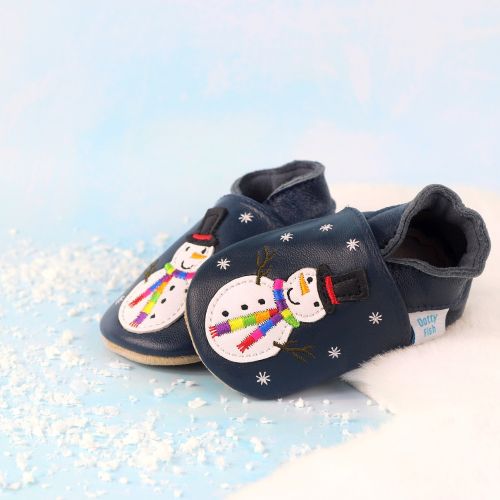 Navy blue leather shoes, with festive snowman design.