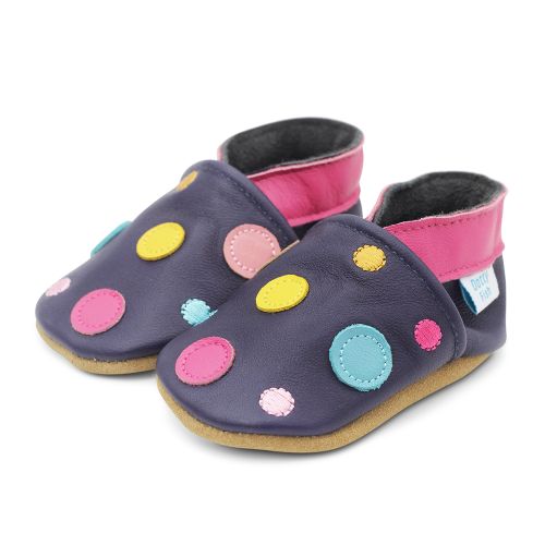 Navy leather Dotty Fish soft sole pre-walker shoes with pink ankle trim and multicoloured spots.