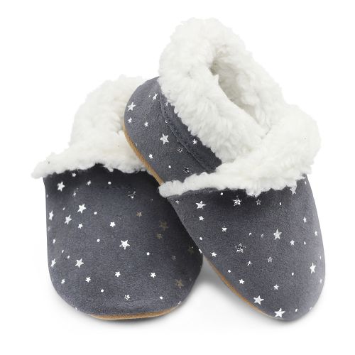 Dotty Fish dark grey with silver stars suede infant and children’s soft sole barefoot slippers, with fluffy fleece lining.