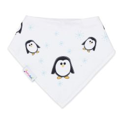 Dotty Fish baby and toddler white cotton bandana bib with penguin and snowflake pattern.