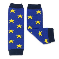 Dotty Fish baby and toddler blue legwarmers with navy blue cuffs and yellow stars.