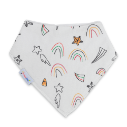 Dotty Fish baby and toddler off white cotton bandana bib with rainbow and stars doodle.