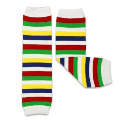Dotty Fish baby and toddler white legwarmers with navy, red, green, and yellow stripes.