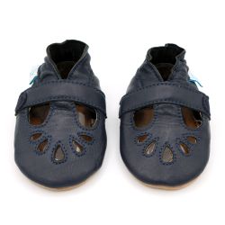 Navy leather Dotty Fish baby and toddler girl’s soft sole T-bar shoes.