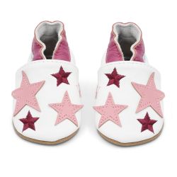 White leather Dotty Fish soft sole baby and toddler first walker shoes for girls with pink ankle trim and pink stars.