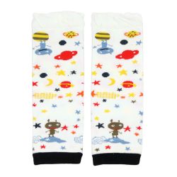 Cream Dotty Fish legwarmers, with aliens and space design, for infant girls and boys.