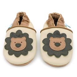 Cream leather Dotty Fish soft sole baby and toddler boy’s shoes with brown lion design.