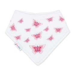 Dotty Fish baby and toddler white cotton bandana bib with pink butterfly pattern.