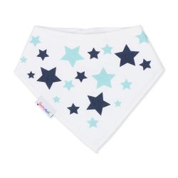 Dotty Fish baby and toddler white cotton bandana bib with blue stars pattern.
