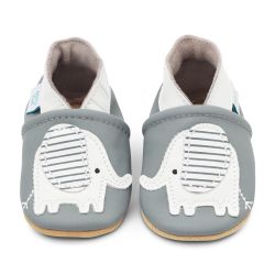 Grey leather Dotty Fish soft sole baby and toddler first walker shoes for boys and girls, with white ankle trim and white and grey stripe elephant design.