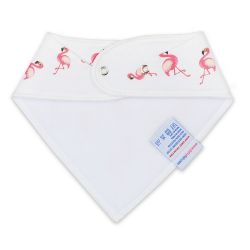 White fleece backing of cotton Dotty Fish pink flamingo bandana bib, for infant girls and boys.