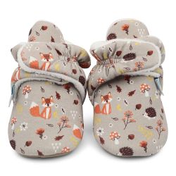 Light brown cotton baby booties, with woodland animals pattern.