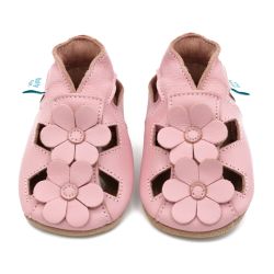 Pink leather Dotty Fish baby and toddler first walker soft sole sandals with pink flowers.