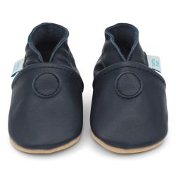 Plain navy blue leather Dotty Fish soft sole baby and toddler first walker shoes for boys and girls.