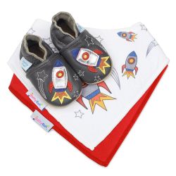 Dotty Fish baby gift set including leather space rocket shoes, a white with space rocket pattern and a red cotton bib.