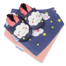Dotty Fish baby gift set including navy leather shoes with white cloud, a peachy pink cotton bib and a navy cloud cotton bib.