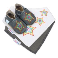 Dotty Fish baby gift set including dark grey leather rainbow star shoes, a dark grey cotton bib and a rainbow star pattern cotton bib.