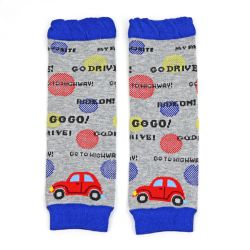 Grey Dotty Fish legwarmers with blue cuffs and red and blue car design, for infant girls and boys.