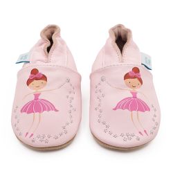 Pink leather Dotty Fish baby and toddler first walker shoes for girls with pink ballerina and silver embroidered stars.
