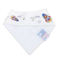 White fleece backing of space rocket cotton Dotty Fish bandana bib, for infant girls and boys.