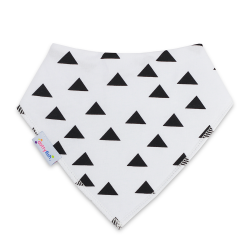 Dotty Fish baby and toddler white cotton bandana bib with black triangles.
