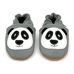 Grey leather Dotty Fish soft sole baby and toddler first walker shoes for boys and girls, with white and black panda design.