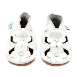 White leather Dotty Fish baby and toddler first walker soft sole sandals with white flowers.