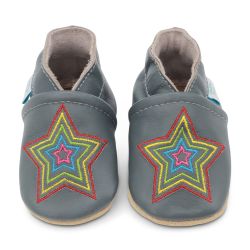 Dark grey leather Dotty Fish soft sole baby and toddler first walker shoes for boys and girls, with embroidered rainbow star design.
