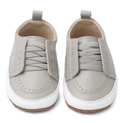 Light grey leather Dotty Fish baby and toddler rubber sole slip-on shoes.