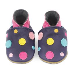 Navy leather Dotty Fish soft sole baby and toddler first walker shoes for girls with pink ankle trim and multicoloured spots.