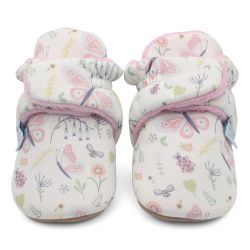 Cream cotton Dotty Fish baby soft sole booties with light pink fleece lining and pastel butterfly and bee pattern.