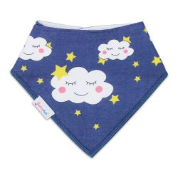 Dotty Fish baby and toddler dark blue cotton bandana bib with white cloud and yellow stars pattern.