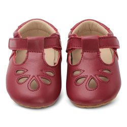 Red leather Dotty Fish baby and toddler girl’s rubber sole T-bar shoes.
