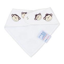 White fleece backing of monkey cotton Dotty Fish bandana bib, for infant girls and boys.