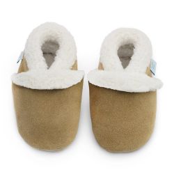Tan suede Dotty Fish baby and toddler first walker soft sole slippers with fleece lining.