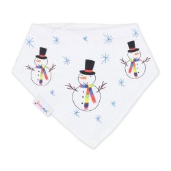 Dotty Fish baby and toddler white cotton bandana bib with snowman and snowflake pattern.