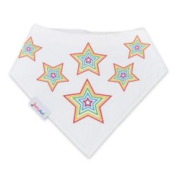 Dotty Fish baby and toddler white cotton bandana bib with multicoloured star pattern.