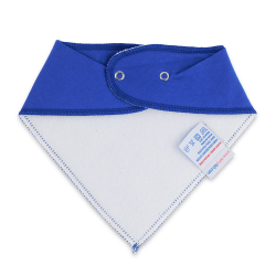 White fleece backing of bright blue cotton Dotty Fish bandana bib, for infant girls and boys.