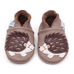 Light brown leather Dotty Fish soft sole baby and toddler first walker shoes for boys and girls, brown and cream hedgehog design.