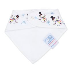 White fleece backing of cotton Dotty Fish snowman bandana bib, for infant girls and boys.