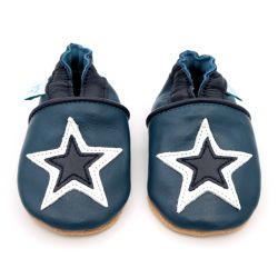Navy blue leather Dotty Fish soft sole baby and toddler boy’s shoes with white and navy star design.