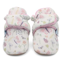 Cream cotton baby booties with pink fleece lining and floral pattern.