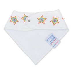 White fleece backing of cotton Dotty Fish multicoloured star bandana bib, for infant girls and boys.