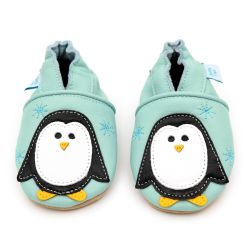 Mint green leather Dotty Fish soft sole baby and toddler first walker shoes for boys and girls, with white and black penguin design.