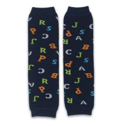 Navy Dotty Fish legwarmers with bright coloured letters, for infant girls and boys.